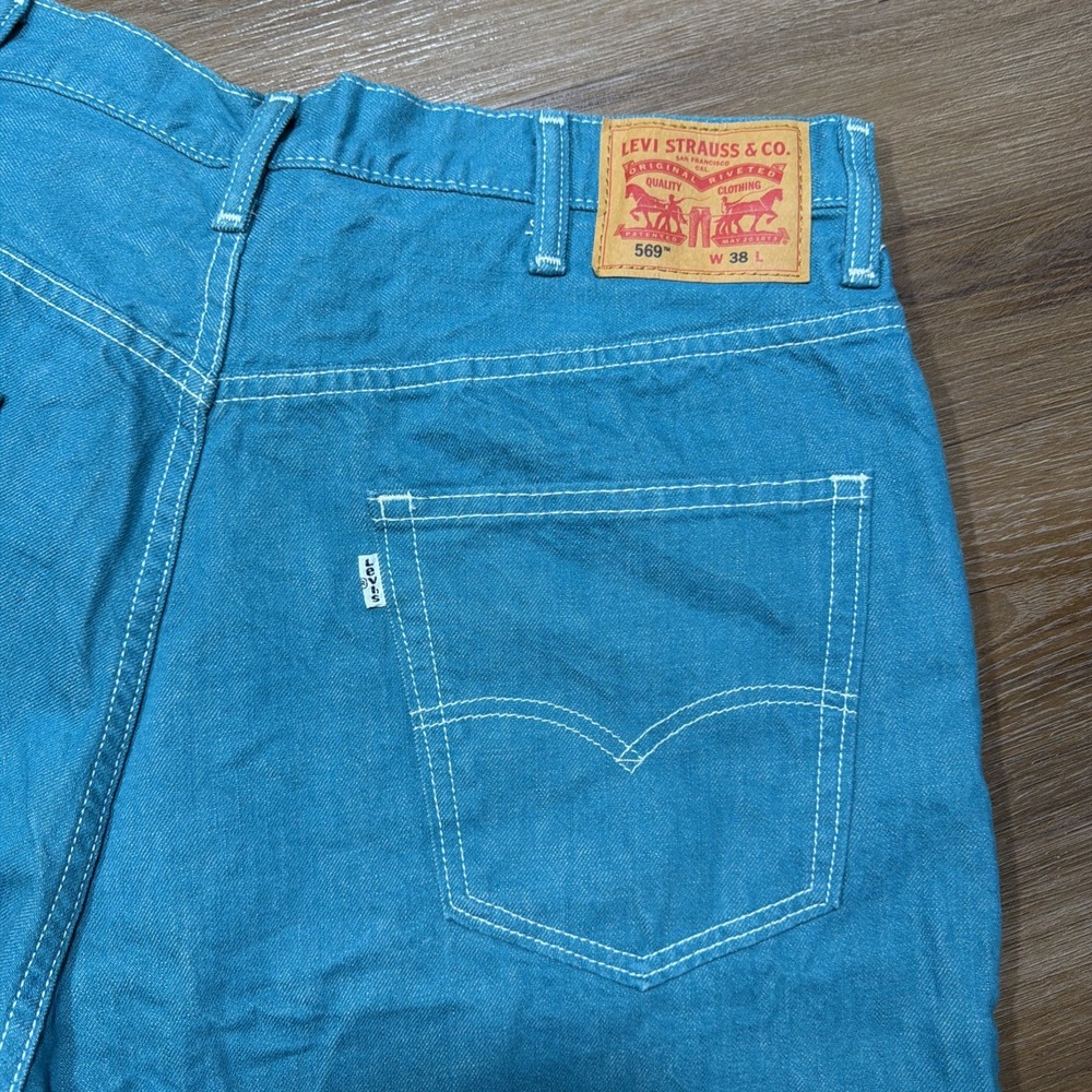 Levi's 569 Denim Jean Shorts Men's 38 Long Teal Jorts Y2K Loose Fit Straight 12" - Picture 12 of 13